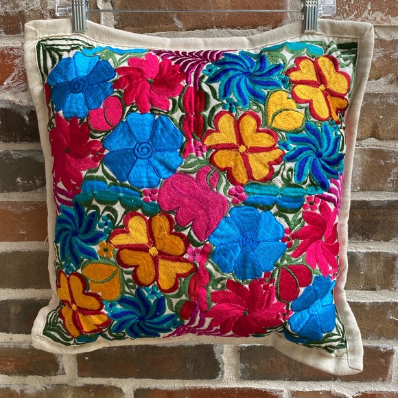 Mexican Floral Embroidery Handmade Pillow - Picture 1 of 15